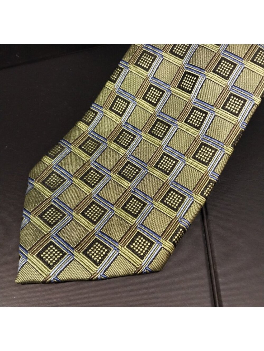 T. Harris London Men's Silk Neck Tie W:3.5" by L:60" Green Black & Blue Squares